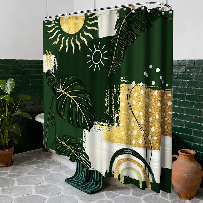 Extra Long Shower Curtain Extra Tall Green and Gold XL Abstract Tropical Leaf Shower Curtains for Large Bathroom Decor Sets, Waterproof Cloth Fabric with Hooks, 108x72 Inch