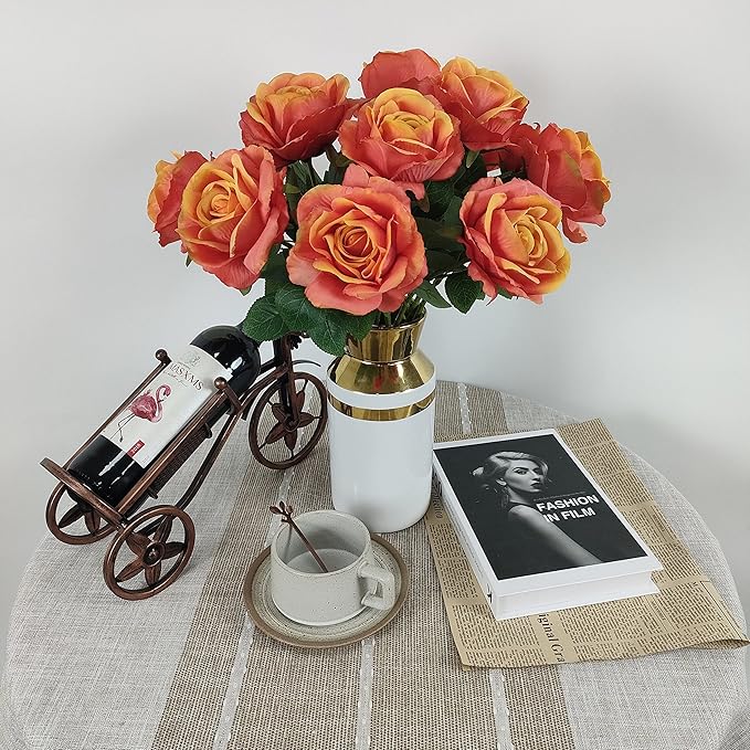 ATFL Fake Sunset Red Roses Artificial Flowers Bulk,Floral Diameter 4'',12 Pcs Artificial Silk Roses Flowers with Stems for Wedding Arrangement Centerpieces Party Home Table Decorations (Orange & red)
