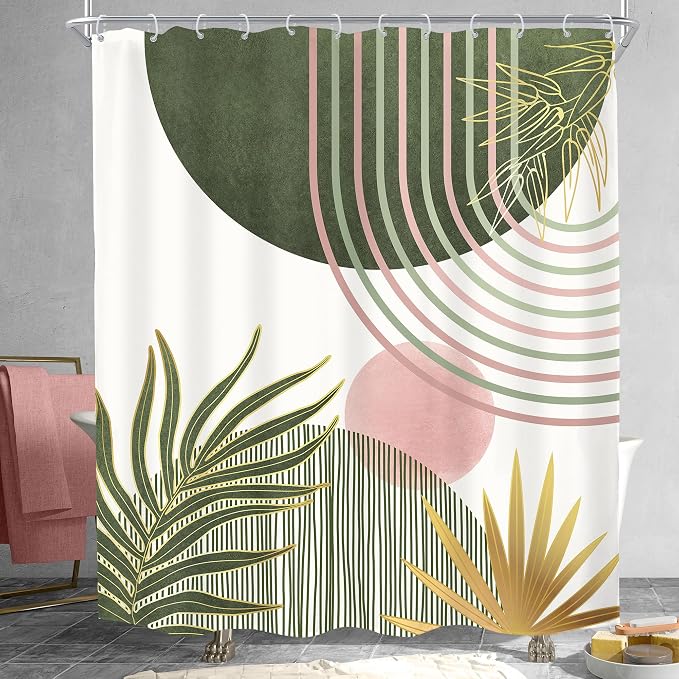 KOMLLEX Mid Century Sage Green Pink Boho Shower Curtain 60Wx72L Inches Abstract Modern Shower Curtains for Bathroom Plant Botanical Minimalist Arch Sun Fabric Liner Waterproof Polyester 12 Pack Hooks