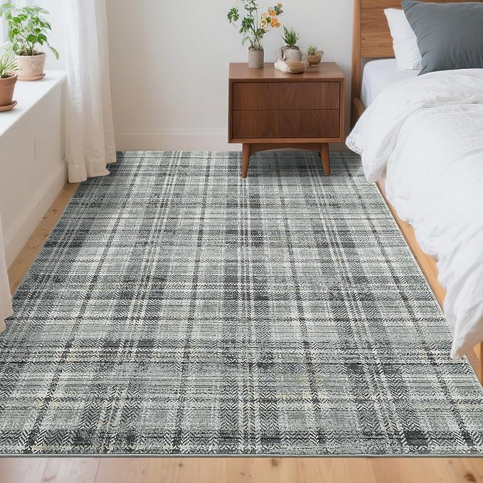 Washable Rugs 5x7 Rug for Living Room Bedroom Rug Modern Plaid Area Rug Soft Carpet 5'x7' Greenish Grey