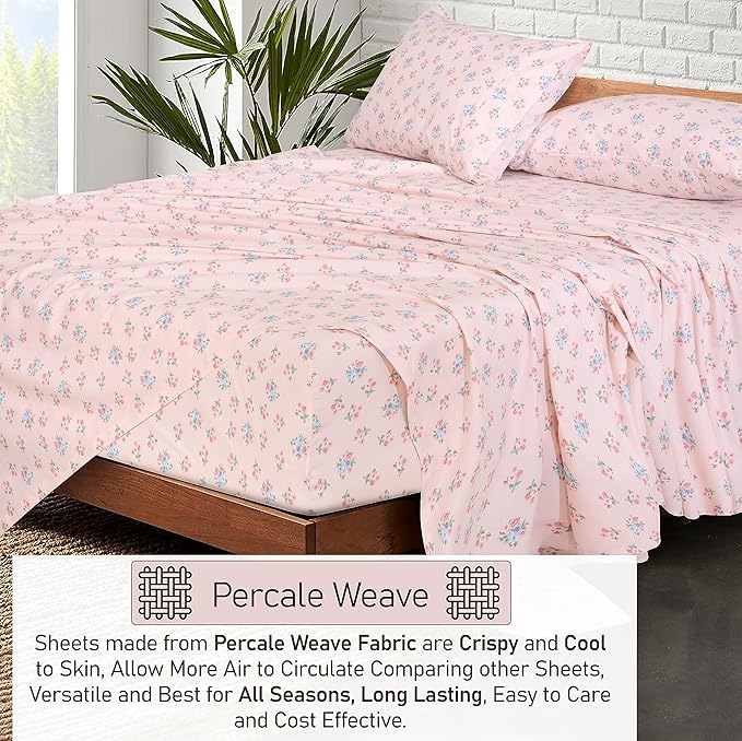 RUVANTI 100% Cotton Full Size Bed Sheets, 4 Pieces, Soft & Breathable Percale Weave Bedding, Deep Pocket 16", Hotel Standard, Crisp Cool Feel, Durable, Perfect Sheet Set Floral, Spring On