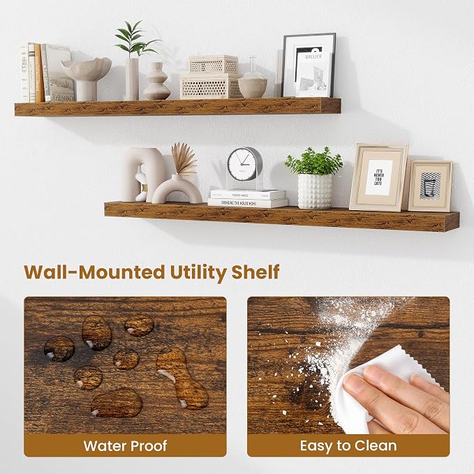 Fun Memories Floating Shelves 48 Inch, Extra Large Wood Shelf Set of 2, Hanging Wall Shelves for Bathroom, Living Room, Kitchen, Bedroom, Rustic Brown