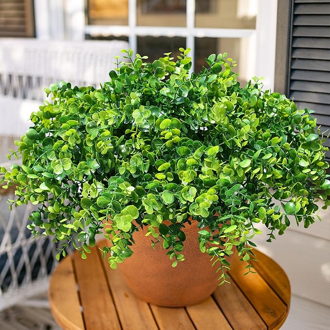 HyeFlora Artificial Plants for Outdoors Outside Spring Summer Decoration, 12 Bundles Faux Eucalyptus Leaves Stems Bulk Fake Greenery Branches Look Real UV Resistant for Home Porch Patio Planter Yard
