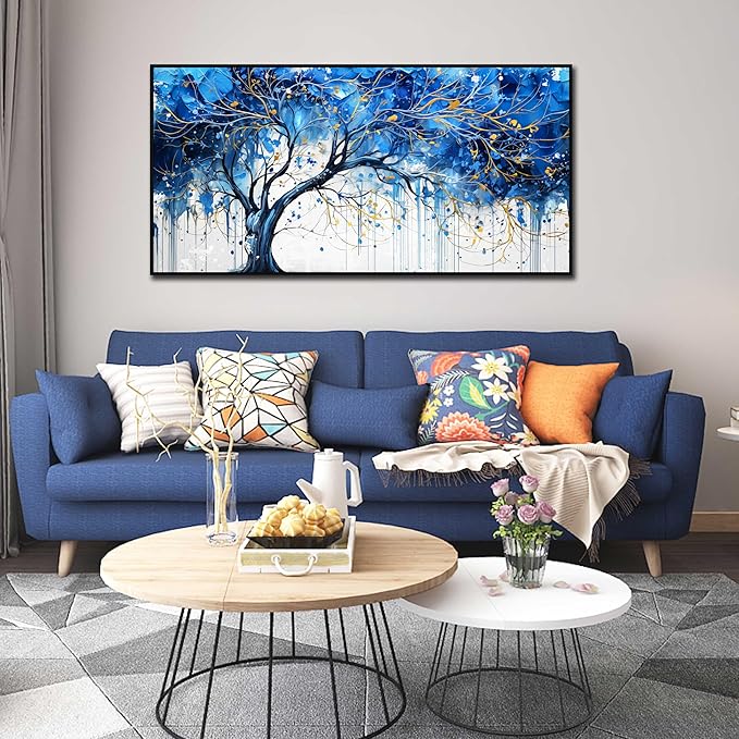 Tree Theme Pictures for Wall Decor - Blue Living Room Wall Art - Large Black Framed Wall Art Size 29" x 59"