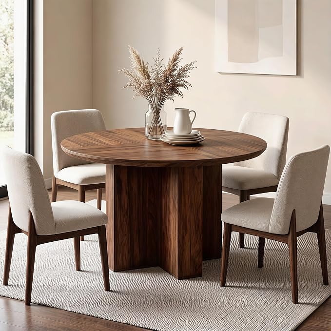 RedLemon Round Dining Table for 4 People, 47" Modern Wood Kitchen Table with Thick Stable Cross Pedestal Base & Curved Edge, Round Dinner Table for Dining Room, Kitchen (Rustic Walnut)