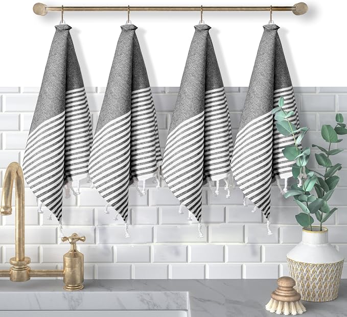 Turkish Kitchen Towels 18x26 Inches with Tassels - 4 Pack - Absorbent, Durable, Soft 100% Cotton Dish Towels for Drying & Cleaning - Machine Washable, Quick Dry - Black