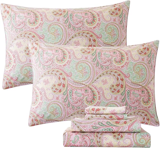 FADFAY 4 Piece Pink Paisley Bed Sheet Set Luxury Bedding Sets Designer Bedding Collections 800 Thread Count 100% Egyptian Cotton Deep Pocket-Twin XL Size
