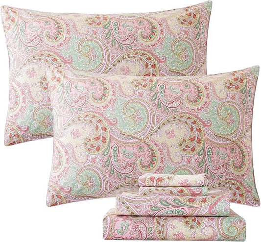FADFAY 4 Piece Pink Paisley Bed Sheet Set Luxury Bedding Sets Designer Bedding Collections 800 Thread Count 100% Egyptian Cotton Deep Pocket-Twin XL Size