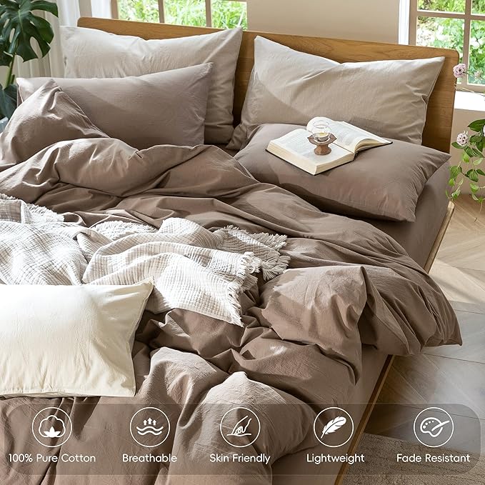 MooMee Bedding Duvet Cover Set 100% Washed Cotton Linen Like Textured Breathable Durable Soft Comfy (Solid Brown, Queen 90"x90")
