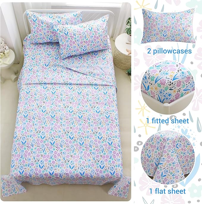 Viviland 4 Pieces Girls Purple Floral Full Sheet Set - Soft Microfiber Fitted Flat Sheets & Pillowcases - Purple Colorful Flower Print Bedding Sets - for Kids & Toddlers