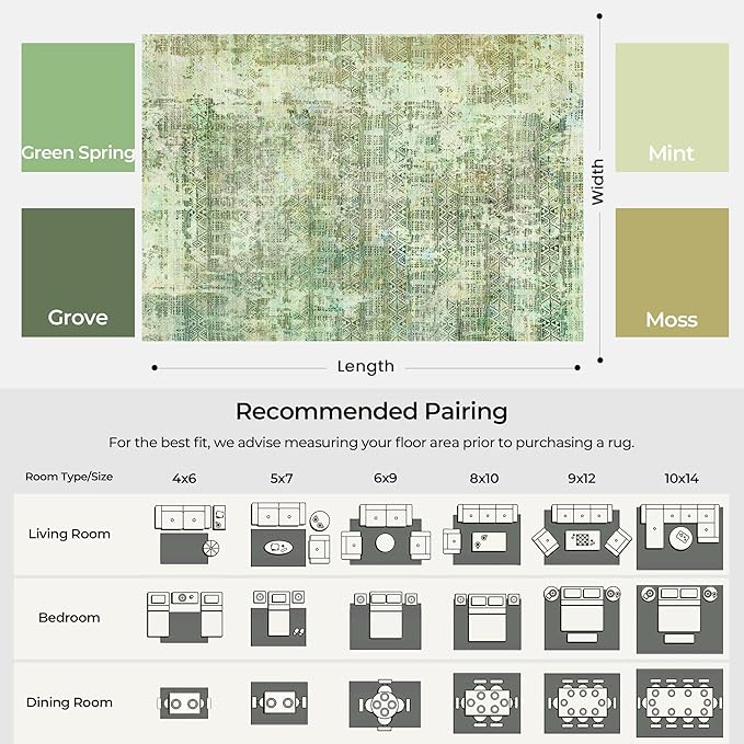 Kokia Abstract Green Area Rugs 8x10 Bedroom Soft Living Room Rugs Washable Distressed Vintage Comfy Carpet with Non-Slip Backing for Farmhouse Home Office Room Decor, Sage Green