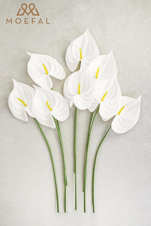 Real Touch Anthurium Artificial Flowers, 8pcs White Faux Tropical Flowers with Stems for Modern Wedding Bouquets, Elegant Centerpieces & Chic Party Decoration