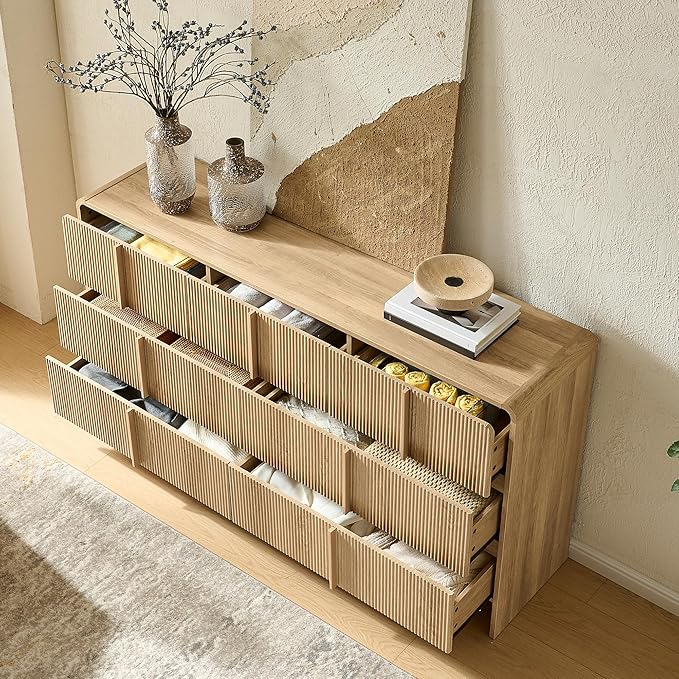 AMERLIFE 63" Fluted 7 Drawer Dresser, Long Modern Chest of Storage Drawers with Pine Handles, Rounded Corners & Anti-Tip Design, Wood Closet Organizer for Bedroom, Living Room, Nursery, Natural Oak