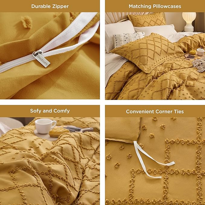 Bedsure Boho Duvet Cover Queen Size,Mustard Yellow Breathable & Soft Boho Bedding, Machine Washable Comforter Cover for All Seasons, Includes 1 Duvet Cover 90"x90" with 2 Pillow Shams & Zipper Closure