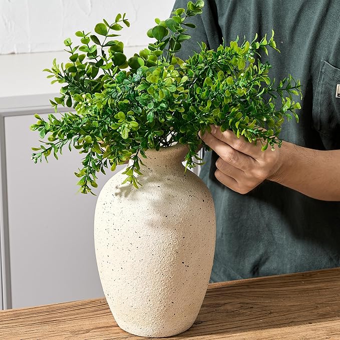 Large Ceramic Rustic Flower Vase, 10.43 Inch Tall Vintage Pottery Home Decor, Antique Farmhouse Terracotta Vase for Living Room, Table, Shelf, Mantel Decoration, Farmhouse - Cream-White