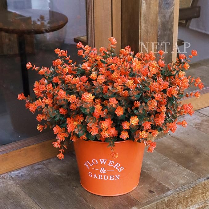 Outdoor Artificial Flowers UV Resistant, 20 Bundles Fake Realistic Floral Greenery Plants for Outside Porch, Window Boxes, Garden, Yard, Inside Home Table Decor,GreenOrange