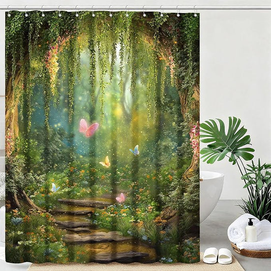 Green Tree Shower Curtain Butterflies Shower Curtains for Bathroom Waterproof Fabric Bath Curtain Decor with Hooks