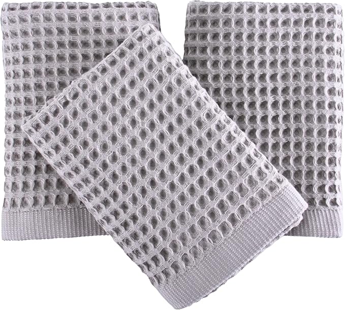 PÜSKÜL Natural 100% Turkish Cotton Waffle Kitchen Towels Set of 3 | Oeko-Tex, Premium Waffle Hand Towels for Bathroom | Soft Absorbent Quick-Dry Lint-Free Dish Towel Large 32x16 inch (3, Gray)