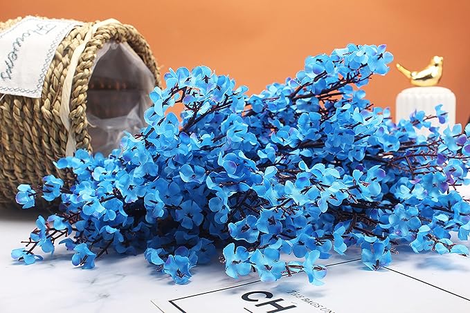 10pcs Babys Breath Artificial Flowers With Vase Gypsophila Bouquet Bulk Fake Spring Silk Flowers Real Touch Faux Floral for Home Bedroom Kitchen Garden Wedding Christmas Party Decor (Blue)