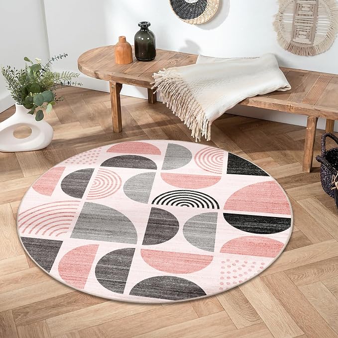 MUJOO Round Rug 4ft,Small Circle Area Rug Washable,Circular Rugs for Entryway Bedroom Kitchen,Boho Non Slip Throw Floor Carpet Modern Abstract Pink and Grey