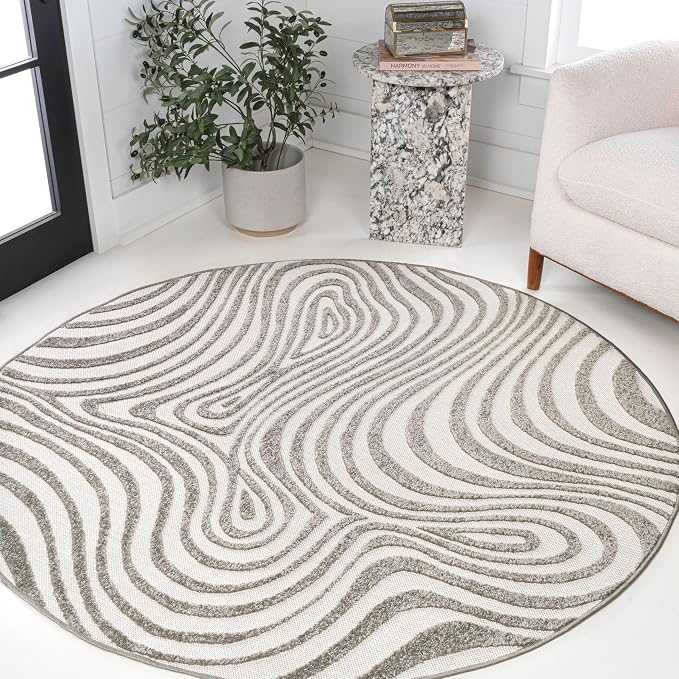 JONATHAN Y Maribo High-Low Abstract Striped Gray/Ivory 6' Round Indoor/Outdoor Area Rug, Pet Friendly, Non-Shedding, Stain Resistant, Easy-Cleaning for Backyard, Patio, Porch (SCN103B-6R)