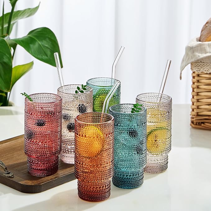 Khen Colored Vintage Art Deco Glasses - Martini, Margarita, Cocktail & Champagne Ribbed Glasses | Set of 6 | Cute Pastel Crystal Cocktails Glassware, Stemmed Glassware Gift - Hobnail Tumblers & Straws