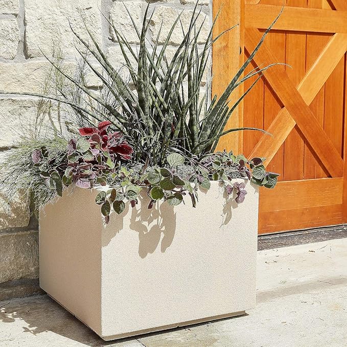 PolyStone Monterray Modern Outdoor/Indoor Square Planter, Lightweight, Heavy Duty, Weather Resistant, Polymer Finish, Commercial Grade and Residential, 23" L x 23" W x 19" H (Greige)