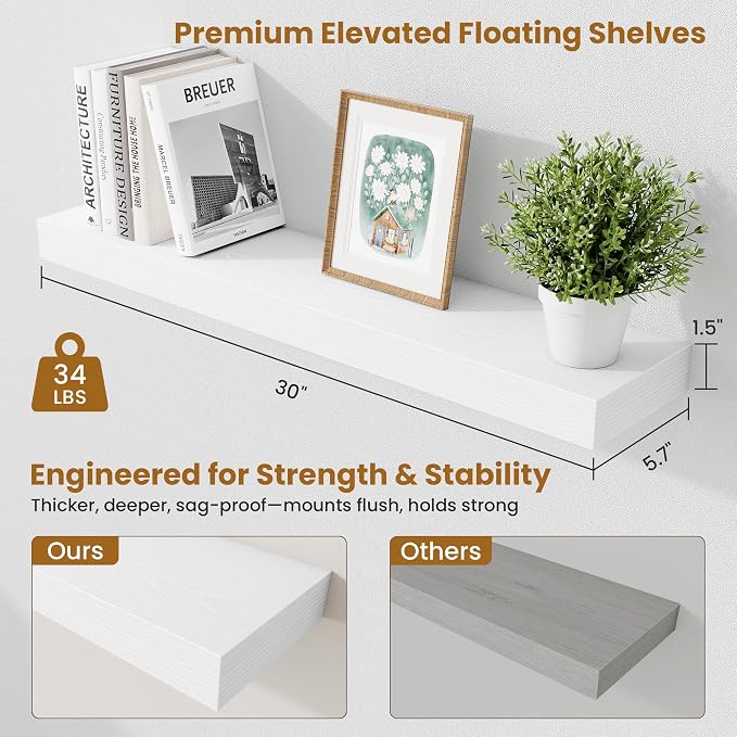 Fun Memories Floating Shelves 30 Inch, Wall Mounted Wood Shelf Set of 2, Farmhouse Decor for Bathroom, Bedroom, Kitchen, Living Room, White