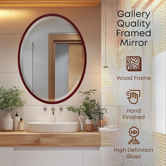 OVALCREST - Oval Wooden Beveled Wall Mirror for Home Decor, Bathroom, Vanity, Bedroom, Living Room, Hallway - London Style (Black Cherry) 17.1 x 13.1
