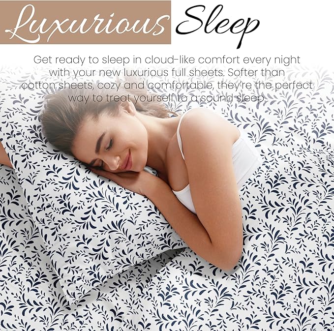 Linen Market Double-Brushed Patterned Microfiber Full Sheet Set 4 Piece – Oeko-TEX Certified Ultra Soft & Wrinkle-Free - 16" Deep Pocket Sheets - Easy Care Full Size - Burst of Vines Navy