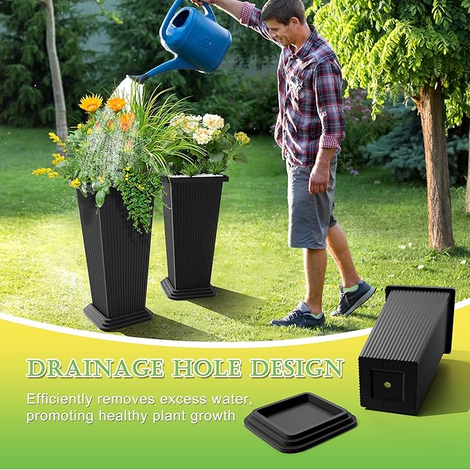 Set of 4 24" Tall Plastic Planters with Trays, Large Tapered Plant Pots for Indoor Outdoor Use, Modern Decorative Planters for Porch, Patio, Garden, and Backyard
