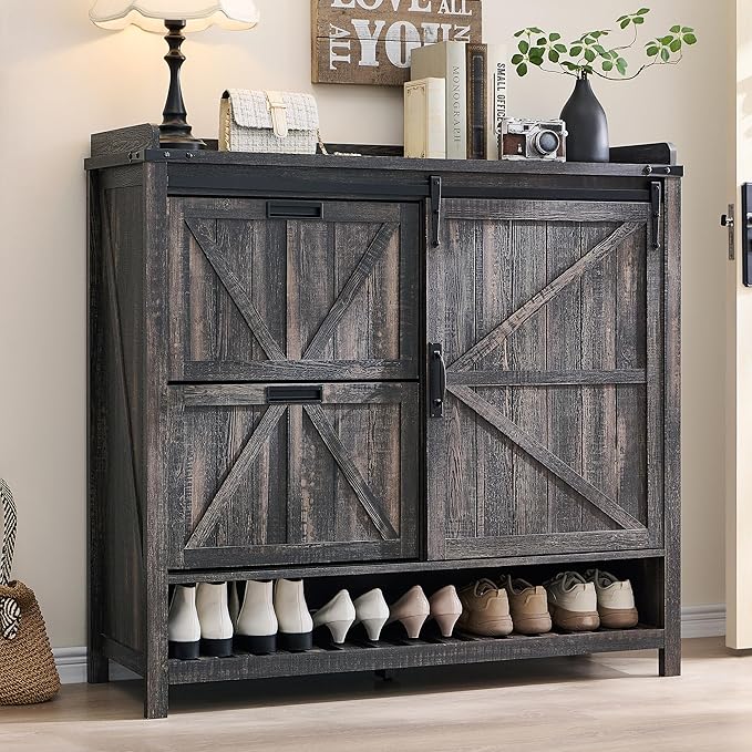 OKD Shoe Storage Cabinet with 2 Flip Drawers & Sliding Door, Farmhouse Entryway Shoe Organizer, Freestanding Rustic Hidden Shoe Rack Cabinet for Entryway, Dark Rustic Oak