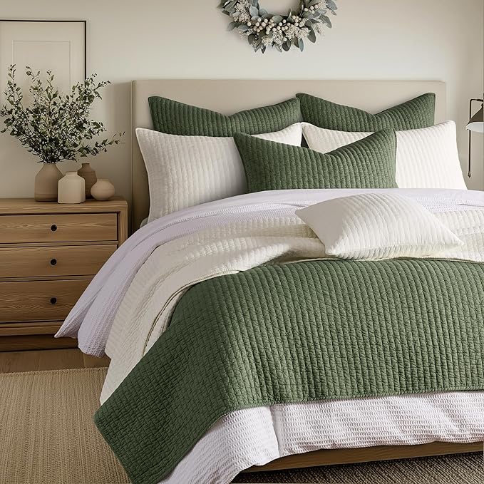 Levtex Home Cross Stitch Reversible King/Cal King Quilt Set (106x92in) and 2 Pillow Shams (36x20in) - Stitch Texture - Forest Green - Cotton King Size Quilt Bedding Set - Lightweight Soft Pre-Washed