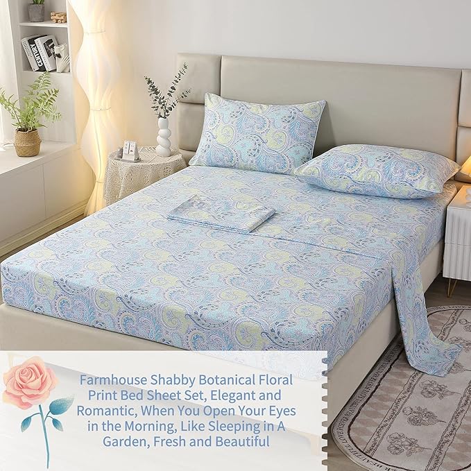 RYNGHIPY Cotton Sheets Floral Print Full Size Sheet Sets Flower Botanical Pattern Egyptian Cotton Bed Sheets Soft and Breathable Deep Pockets (Blue,Full Size)