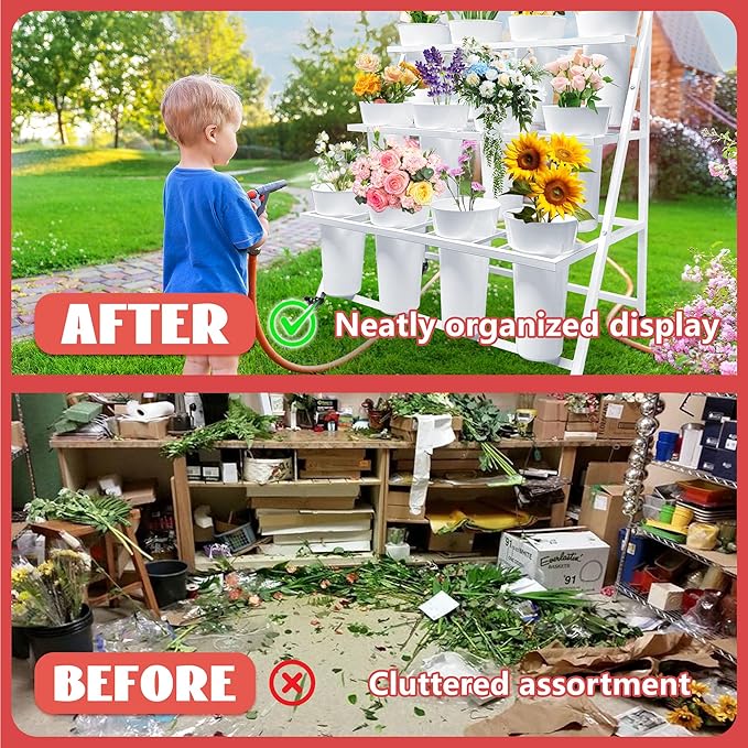 PROLEE Flower Display Stand with 12 Buckets, Flower Cart 3 Layers, Flower Stand Metal with Wheels, Moving Florist Bouquet Shelf, Triangular Rack, White
