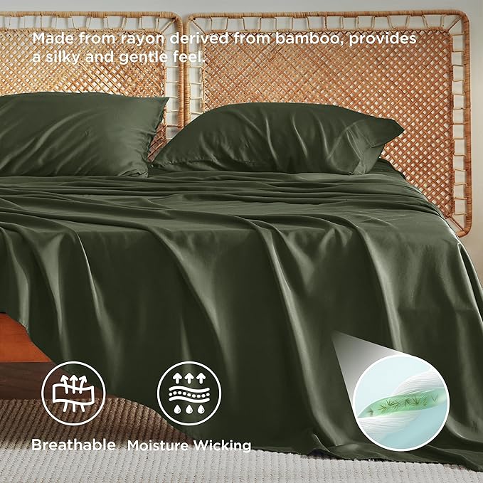 Bedsure Queen Sheet Set, Rayon Derived from Bamboo, Cooling Sheets, Breathable & Soft, Deep Pocket Up to 16 Inches, Hotel Luxury Silky Bedding for Hot Sleepers, Olive Green