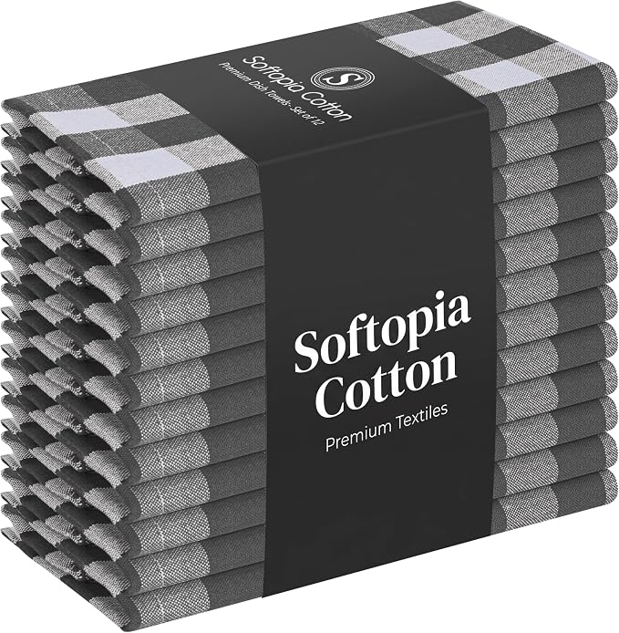Gingham Checked Kitchen Towels 12 Pack, 18"x26", 100% Cotton, Absorbent Dish Towel for Kitchen Drying, Reusable Dishcloths Set for Cleaning, Quick Dry Wash Rags - Grey, White