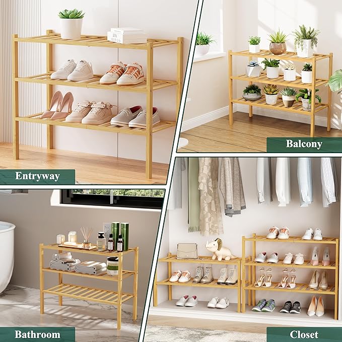 Smiry Shoe Rack, 4 Tier Long Bamboo Shoe Organizer, Stackable Free Standing Wooden Shoe Storage Shelf for Closet, Entryway, Front Door Entrance, Natural