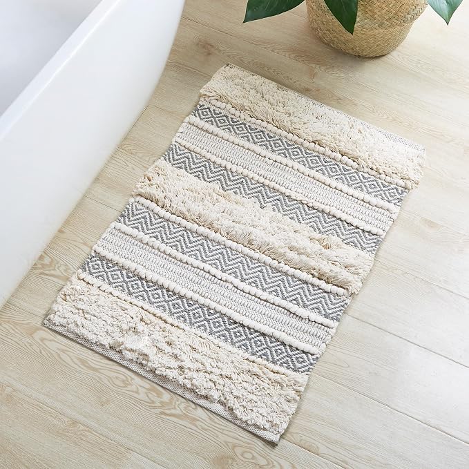 Ink+Ivy Bath Rug Hand-Woven Texture Shaggy Striped Soft & Water Absorbent, Boho Bathroom Décor Bath-Mats, Non-Slip Absorbent Quick Dry Mats for Tub, Shower Room, Asher, 20x32 Grey