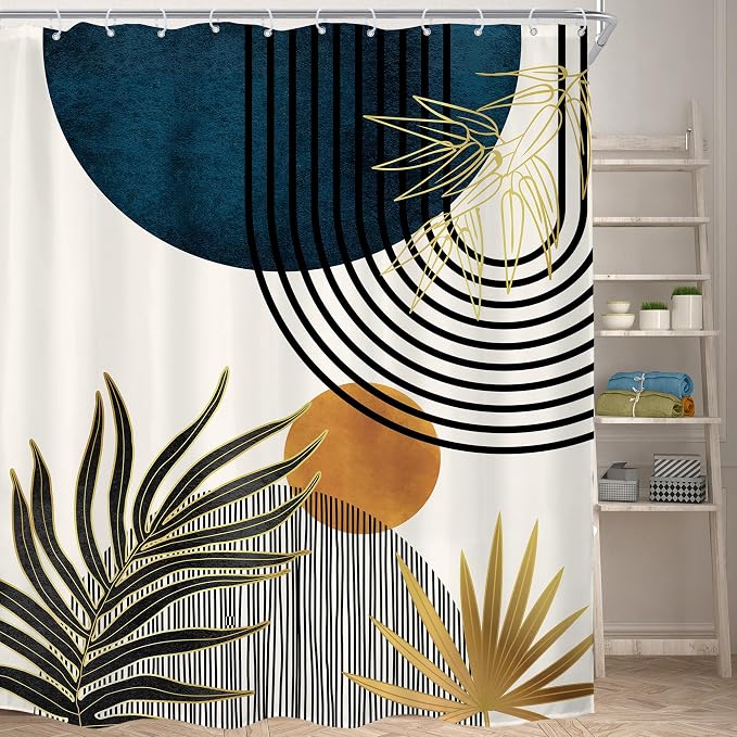 KOMLLEX Mid Century Blue Boho Shower Curtain 72Wx84L Inches Abstract Modern Blue Shower Curtains for Bathroom Decor Plant Botanical Minimalist Arch Sun Fabric Liner Waterproof Polyester 12 Pack Hooks
