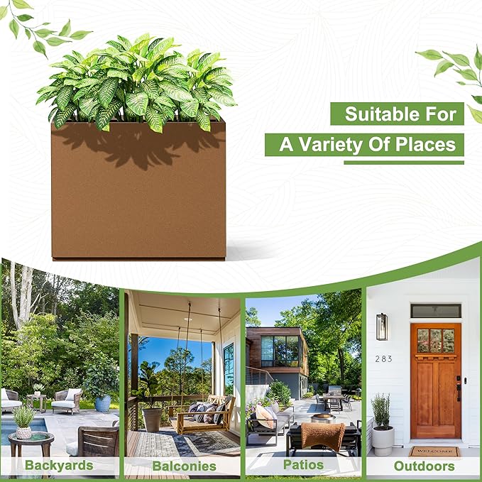 Metal Planter Box Rectangular Planter Box with Drainage Hole, Outdoor Large Planters, All-Weather Use, Rust-Resistance, for Flowers Plants, 29.9" L × 12" W × 24" H, Brown