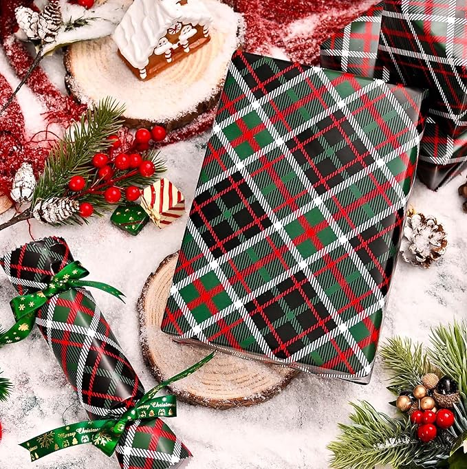 MAYPLUSS Gift Wrapping Paper Roll - 17 Inch X 33 Feet - Christmas Royal Green Plaid Design Winter Holiday gift Wrap Present Sheets for Christmas Birthday Baby Shower Party Festive Decoration