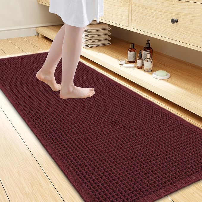 Smiry Waffle Bath Mat 60x24, Extra Soft Absorbent Bathroom Rugs, Non Slip Machine Washable Quick Dry Bath Rugs for Bathroom Floor, Tub, Shower, Home Decor Accessories, Burgundy
