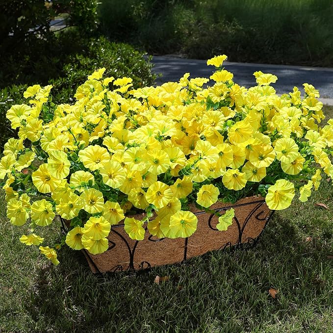 Artificial Flowers for Outdoors Fake Flowers Plants for Spring Summer Decor, 12 Bundles Silk Morning Glory with Eucalyptus Look Real UV Resistant Yellow Faux Flowers for Outside Planters Yard Patio