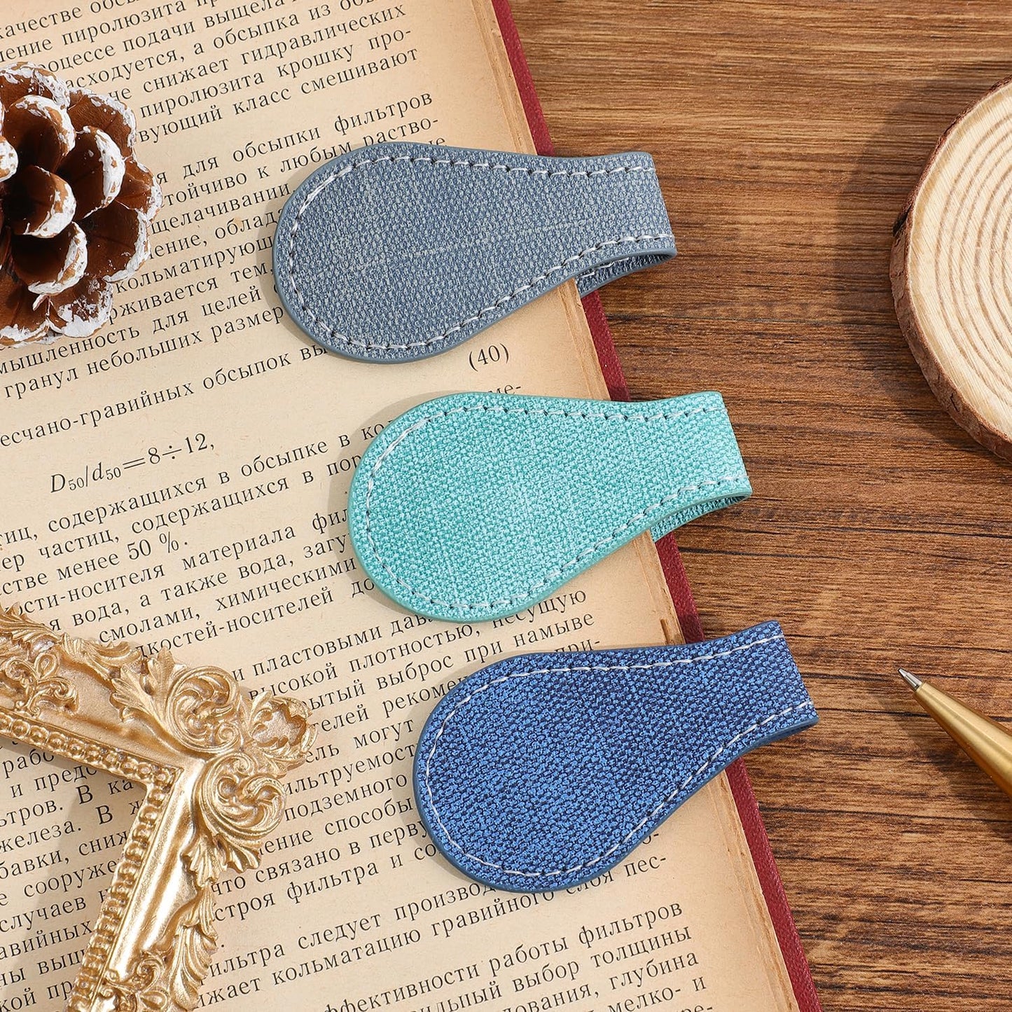 Skiennix Vintage Magnetic Leather Bookmarks - Stylish PU Clips for Women | Denim Pattern, 3-Pack