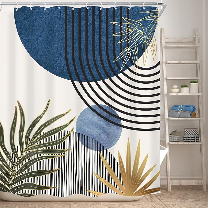 KOMLLEX Mid Century Blue Green Boho Shower Curtain 60Wx72L Inches Abstract Modern Shower Curtains for Bathroom Decor Plant Botanical Minimalist Arch Sun Fabric Liner Waterproof Polyester 12 Pack Hooks