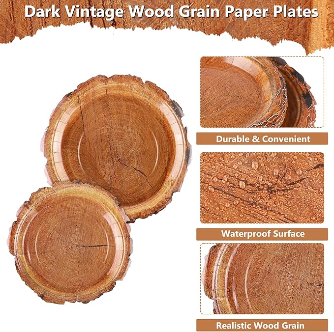 96 Pieces Wood Grain Slice Tableware Sets Rustic Wood Party Supplies Including Paper Plates, Napkins, Cups, Serves 24 for Camping Birthday Hunting Forest Party Decorations