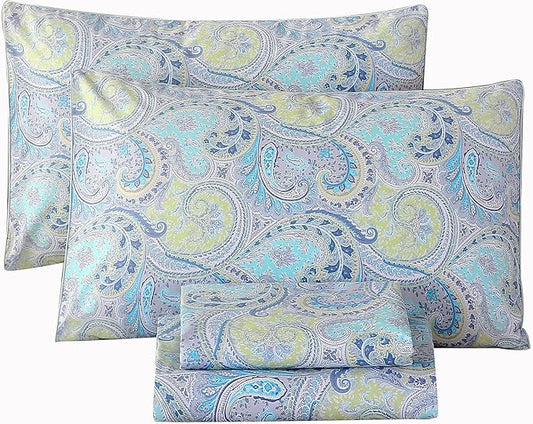 RYNGHIPY Cotton Sheets Floral Print Queen Size Sheet Sets Flower Botanical Pattern Egyptian Cotton Bed Sheets Soft and Breathable Deep Pockets (Blue,Queen Size)