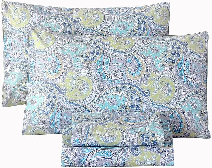 RYNGHIPY Cotton Sheets Floral Print Full Size Sheet Sets Flower Botanical Pattern Egyptian Cotton Bed Sheets Soft and Breathable Deep Pockets (Blue,Full Size)