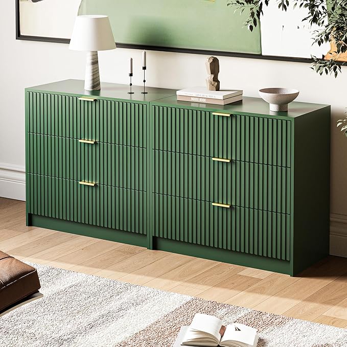 3-Piece Dresser Bedroom Set, 9 Drawer Dresser & 3 Drawer Nightstands with Gold Handles, Fluted Wood Chest of Drawers for Bedroom, Living Room, Entryway, Green